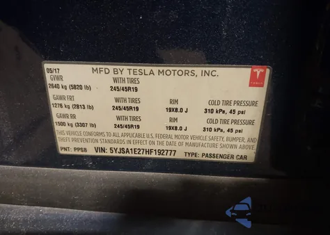 2017 Tesla Model S 100D/60D/75D/90D/P100D from USA, damaged, VIN 5YJSA1E27HF192777